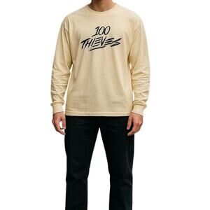 100 Thieves Camo Logo Long Sleeve Tee Sz L Beige Streetwear Gamer Shirt USA Made